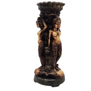 Vintage Fertility Goddess Resin Figurine 10" Snake Bird Dog Vase Candle Holder